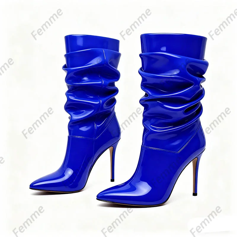 أحذية مترهلة مصنوعة يدويًا من الجلد اللامع باللون الوردي الساخن - أحذية كاحل مكشكشة بكعب ستيليتو للنساء، مقاس حفلة Y2K 35-47 #3