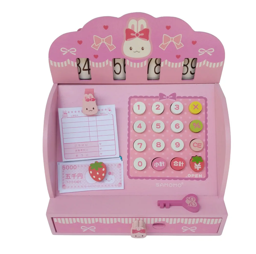 wooden Pink supermarket checkout counter pretend play set wooden cash register toy for the kids