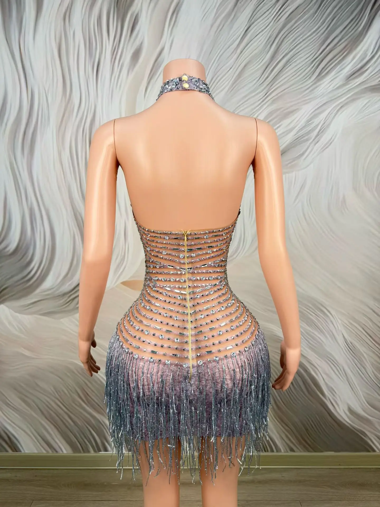 Qingsi Pintupian Sparkly Ombre Blue Pink Rhinestone Mini Gown Single Diagonal Strap Front Hollow Cut Birthday Photoshoot Outfit