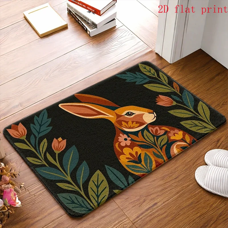 2D Flat Vintage Floral Rabbit Print Flannel Floor Mat, Water-Absorbent, Durable Foot Mat, Suitable for Front Door Entrance, Bedroom, And Home Decoration