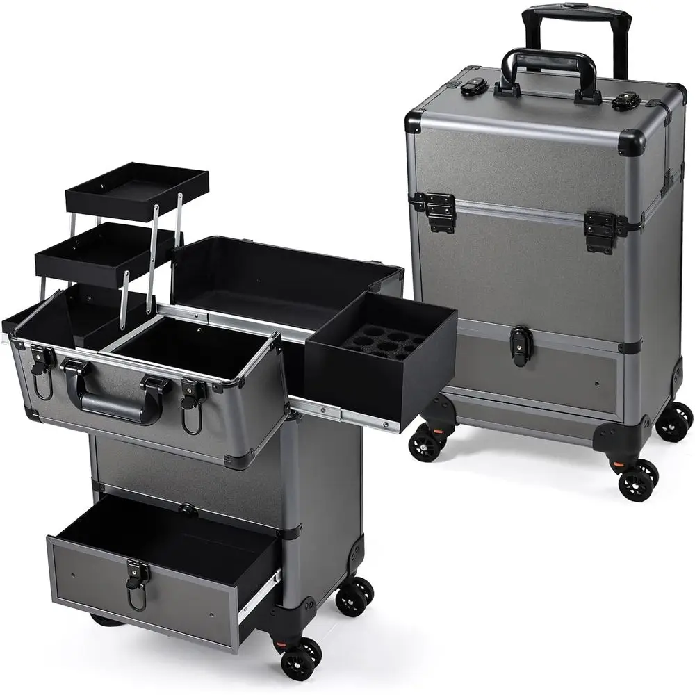 Rolling Makeup Case with 4 Trays, Travel Trolley Storage, Portable Cart for Cosmetologists, Nail Techs, and Hairstylists - Grey