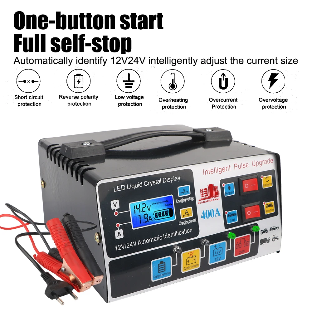 For SUV Truck Boat Motorcycle Car Battery Charger LCD Display Fully Automatic High Power 12V/24V 220W EU Plug Pulse Repair
