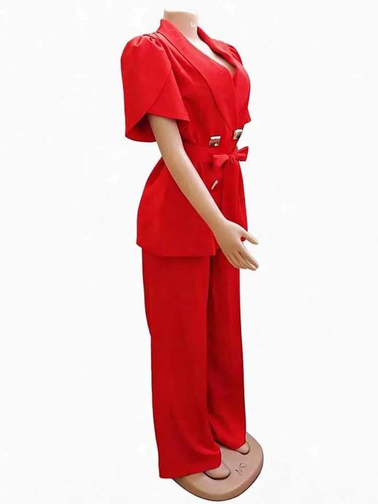 Summer Women's Fashion Elegant Workplace Work Suit Set Women Solid Color V-neck Short Sleeve Suit Loose Drop Wide Leg Pants Set