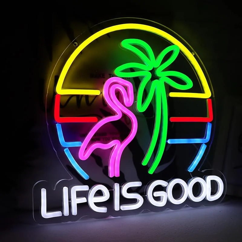 LIFE IS GOOD Flamingo Cocktail Neon Signs for Wall Decor LED Neon Lights for Bedroom LED Signs Man Cave Bar Club Beer Party Gift