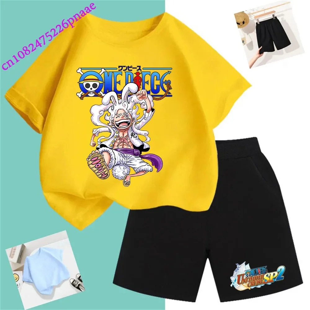 One Piece Pirate King Fashion Summer 2024 Cheap Girl Short T Shirt Kid Clothes Shorts Child Set Fashion Kawaii O-neck T-shirt