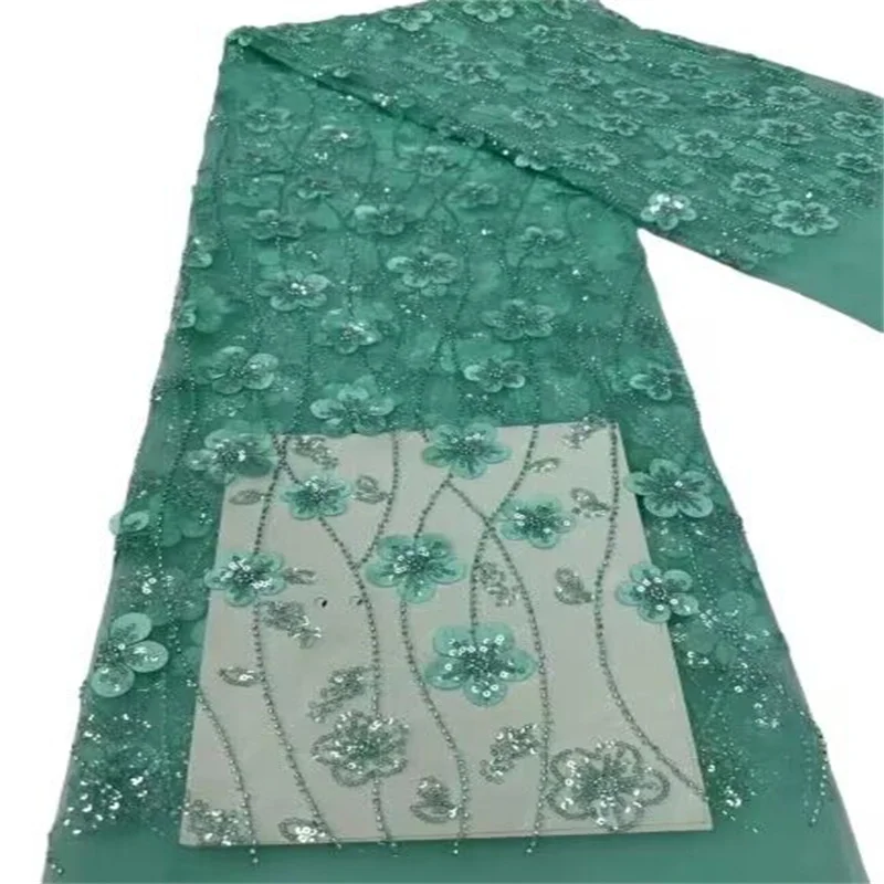 

Luxurious Nigerian Handmade Beads Lace Fabric Green High Quality Sequins Beaded Embroidery African French Lace Fabric For Dress