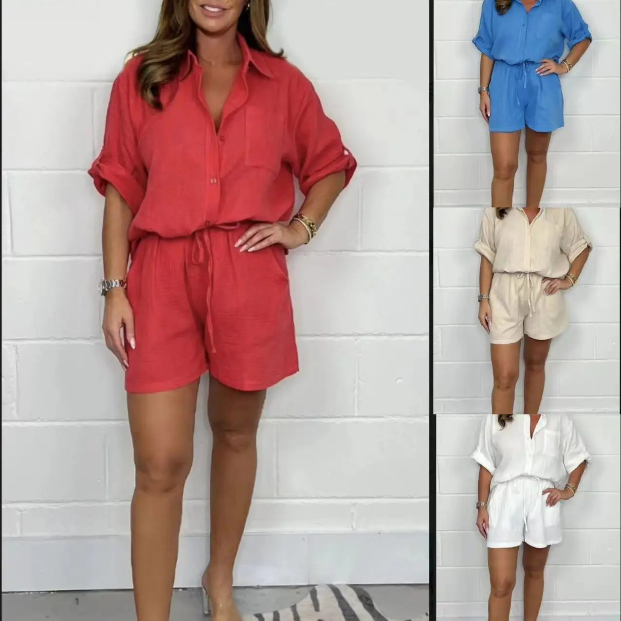 

Women Spring Summer Shorts Set Pants Set Solid Color Turndown Collar Pockets Lace-up Button Casual Fashion Comfortable Regular