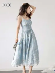 Sexy Lace embroidery Spaghetti Strap dress Women's Blue 2025 Summer Beach V-neck Floral button sleeveless dress Slim INKEO 4D071