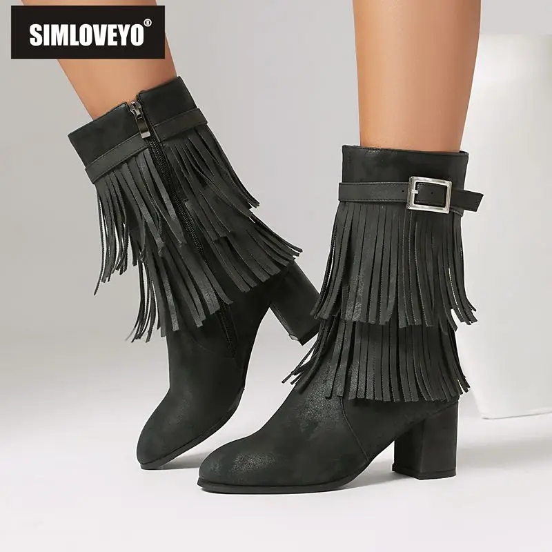 

SIMLOVEYO 2025 Модные женские ботинки до середины икры с круглым носком и блочным каблуком 6 см, застежка-молния, ремень с кисточками, большой размер 45, 46 47 Dating Bota