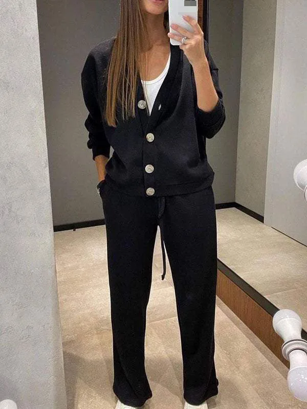 Autumn And Winter Women\'s Sports Cardigan Suit Fashionable Casual Suit V-neck Single-breasted Cardigan Top Lace-up Two-piece Set