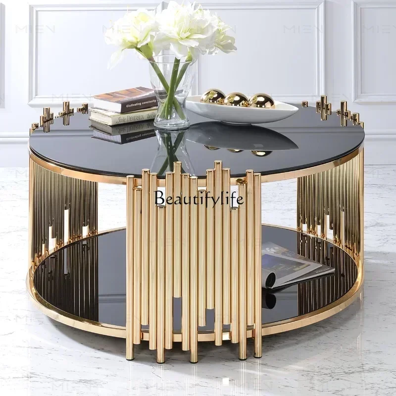 

z.FG10*Modern light luxury living room stainless steel coffee table double storage round glass coffee table