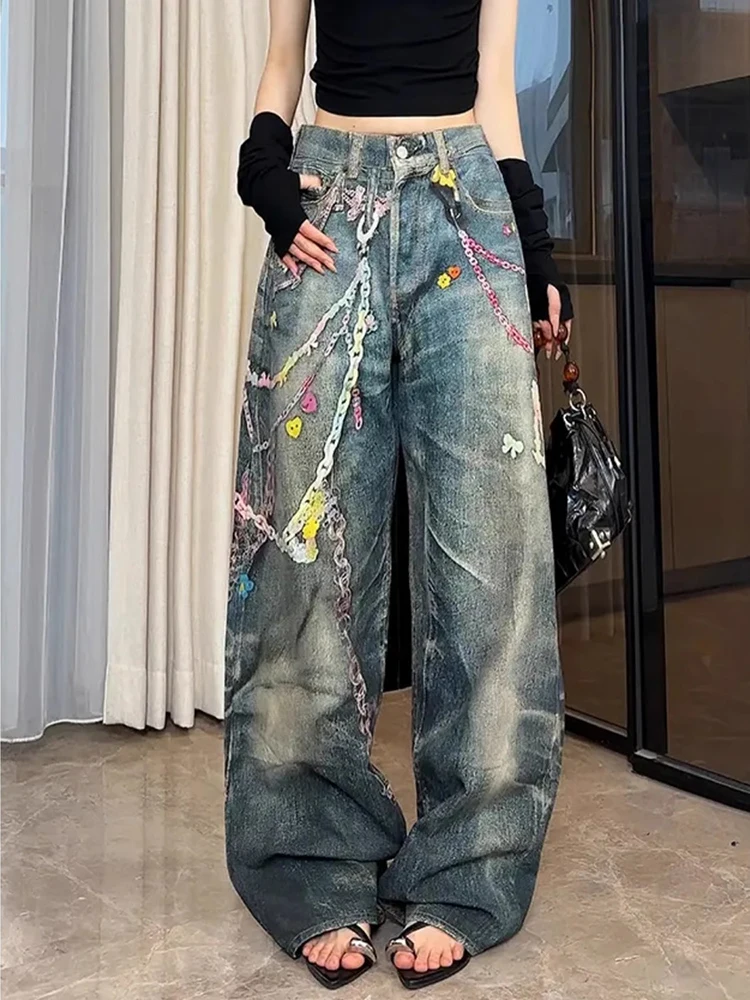 

Men and Women Straight Harajuku Loose Denim Trousers Oversized Cargo Pants Vintage 3D Print Color Chain Washed Baggy Jeans