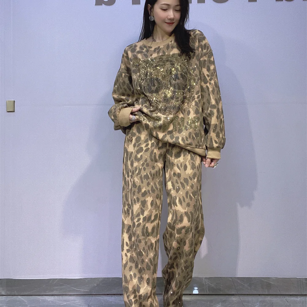 

Two Piece Sets Womens Outfits Vintage Style Leopard Pritned Cartoon Diamonds Summer Tracksuit Pant Sets Women Casual Knitwear
