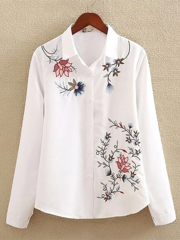 Women Clothing White Shirt Long Sleeve Vintage Flower Embroidered