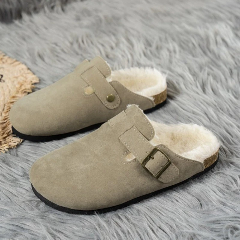 Comwarm Fur Lined Clogs for Women Men Winter Fuzzy Cork Slippers Fur Cork Mules Short Plush House Cork Shoes Winter Zuecos Mujer