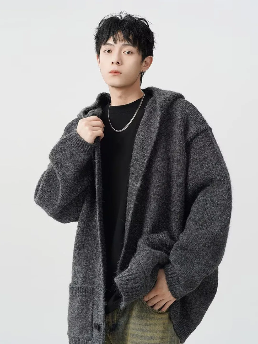 

Мужской открытый кардиган с глубокими глазами, повседневный свободный вязаный свитер для ленивых, осень-зима, Новое поступление, простой дизайн