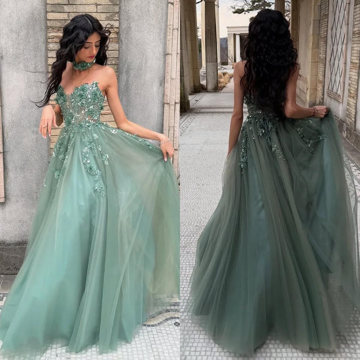 

Sage Green Long Prom Dresses Sweetheart Appliqued Beading A Line Evening Gowns Customized Tulle vestidos de noche