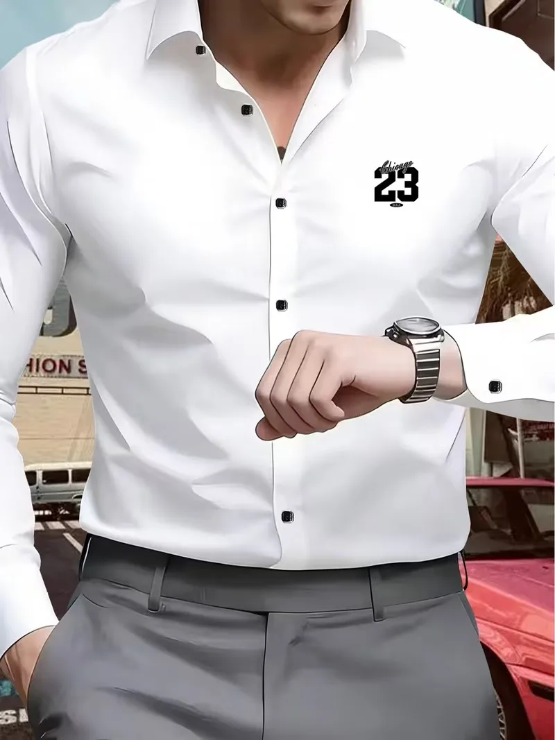 

Men's Premium Business Casual Shirt Number Logo Print Slim Fit Long Sleeve Wrinkle Resistant Dress Shirt Multi Styles Available