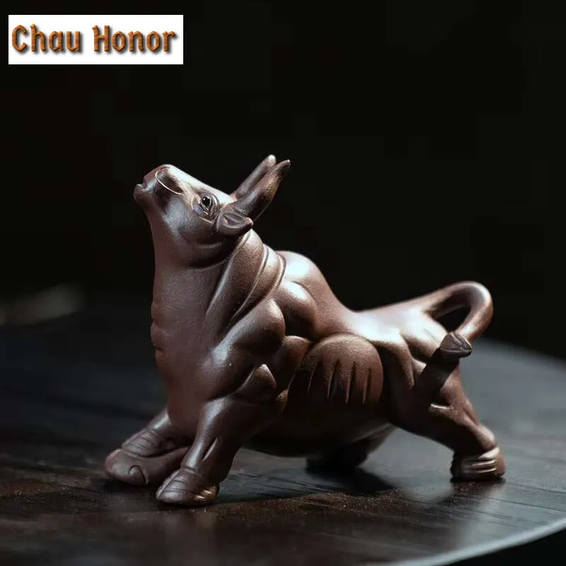 Chinese Yixing Purple Clay Tea Pet Zodiac Lucky Cattle Figurine Desktop Ornaments Handmade Sculpture Home Tea Set Decoration