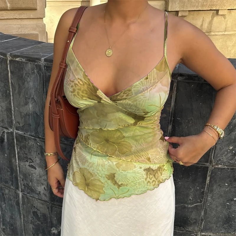 בוהו חוף אחורי טנק חולצות נשים אפוד y2k קוקט עניבה צבע הדפסה קמיזול אלגנטי נשים v ללא שרוולים שכבות יבול צמרות צמרות