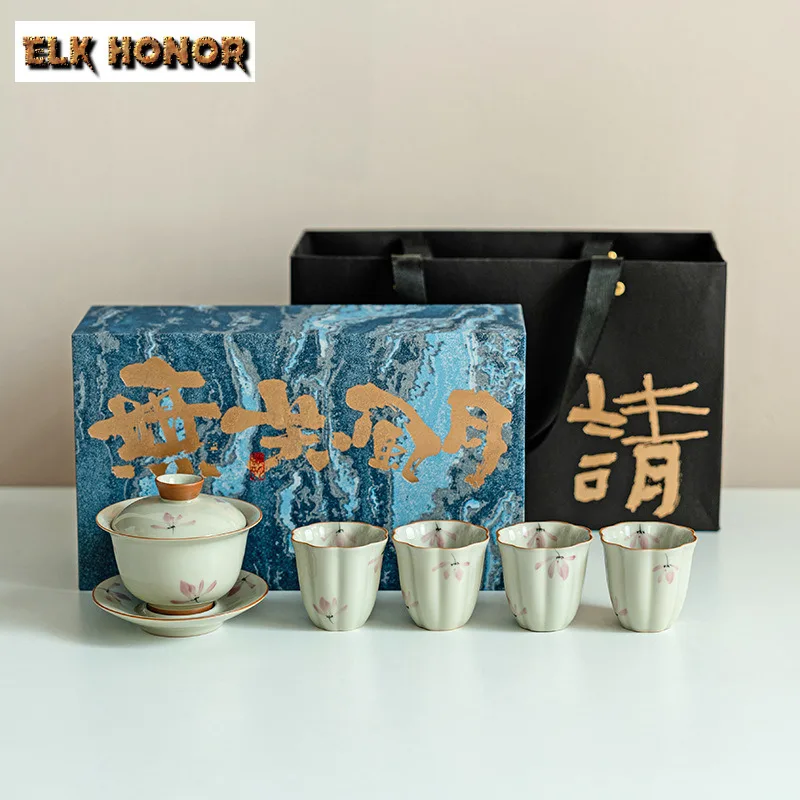 

Hand Drawn Pink Orchid Tea Set Complete Set Ancient Gaiwan Tea Ceremony Set Teapot and Tea Cup Set Teaset Accessories Ornaments