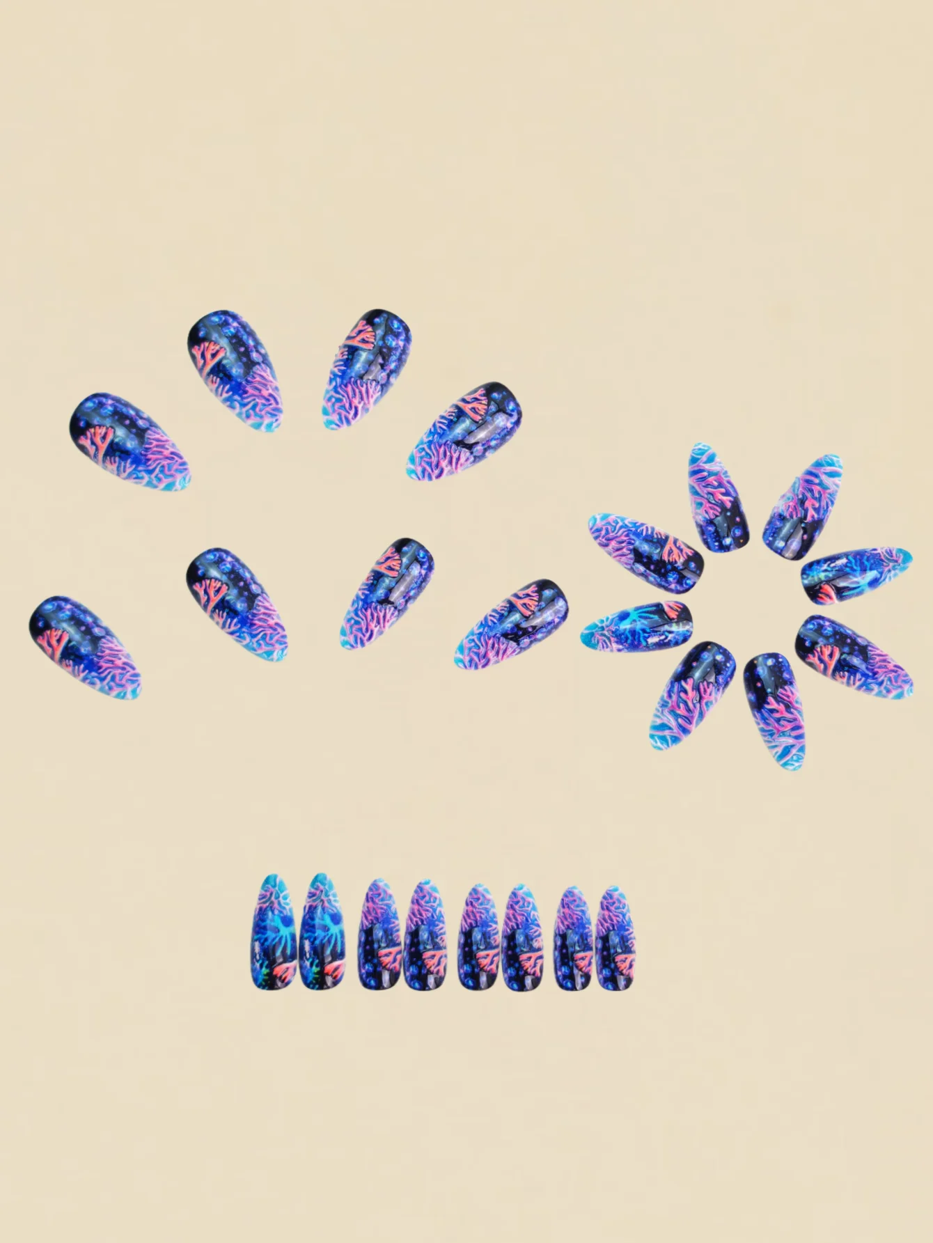 เล็บปลอมทรงอัลมอนด์ยาว 24 ชิ้น สีฟ้าลายเส้นฝรั่งเศสและลายเรขาคณิต แบบกดติดสำหรับผู้หญิง เล็บปลอมแบบถอดได้