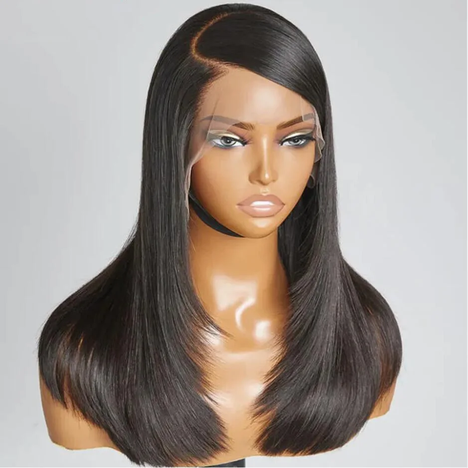 

Soft Free Part 13*4 Lace Front Wig Layered Black Glueless 26Inch 180% Density Long Preplucked Silky Straight For Women Baby Hair