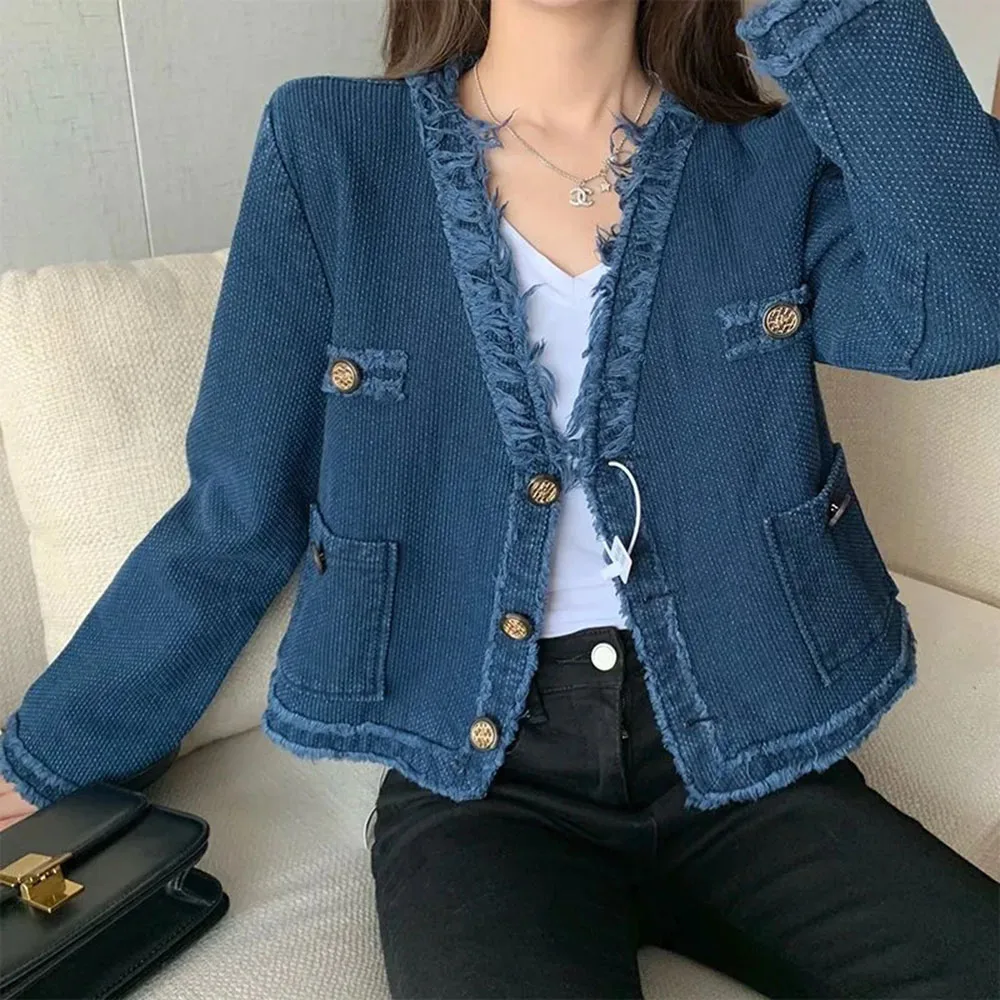 

Vintage Coarse Tweed Denim Coat Women's Spring Autumn Elegant Tassel Raw Edge Jean Jackets Korean Streetwear Short Outerwear Top