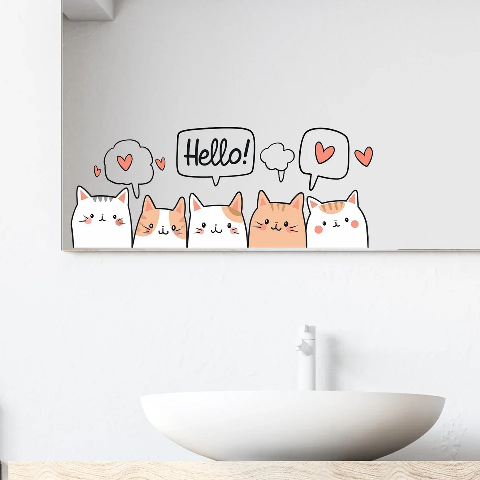 Adorable cartoon feline wall decal featuring minimalist design with cheerful greeting and floating heart motifs crafted from pre