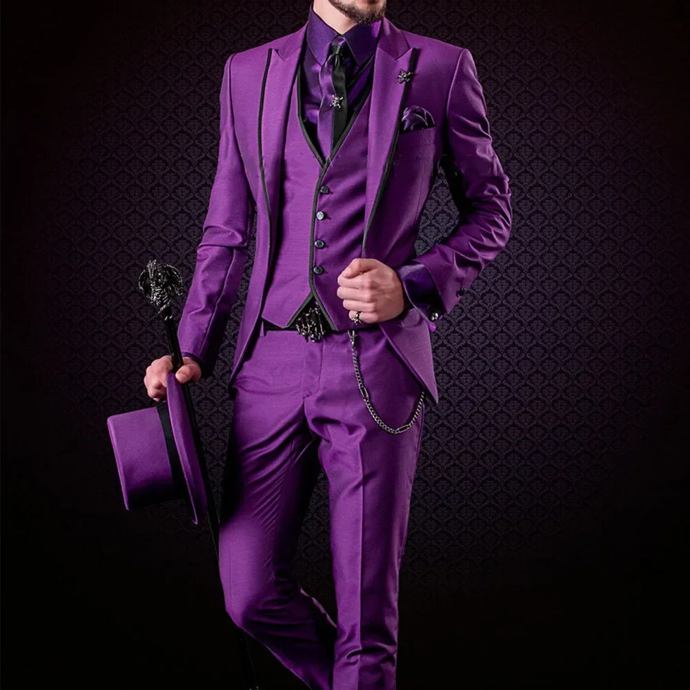 

Wedding Men Suits Blazer Purple Peak Lapel Single Breasted 3 Piece Jacket Pants Waistcoat Tuxedo Slim Fit Luxury Full Set 2024