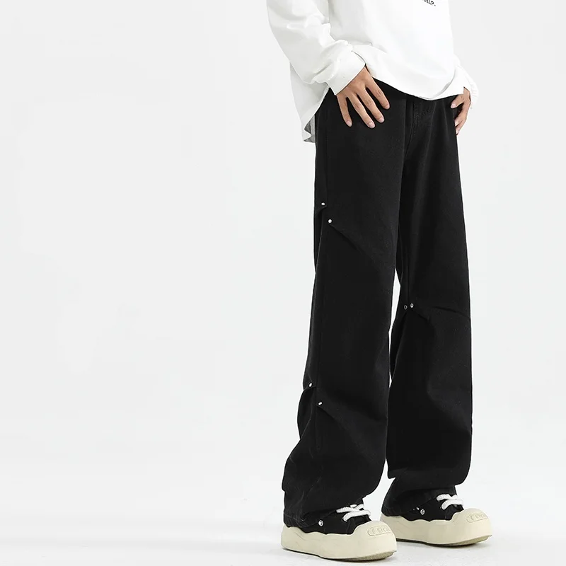 

Four season washed denim jeans, solid color, retro crease, vintage style, loose straight leg pants, casual denim pants for men