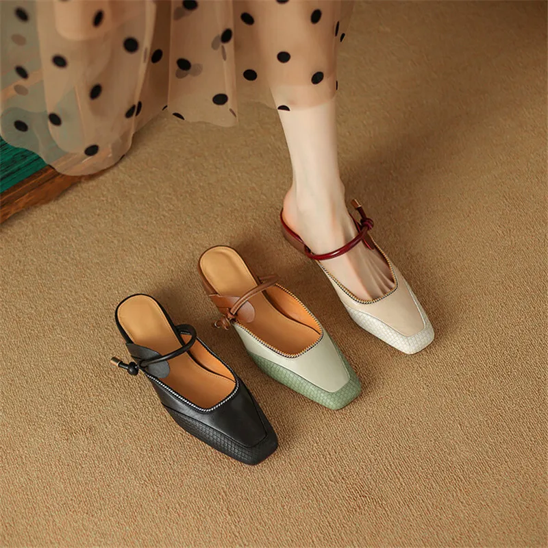 2023 New Summer Slippers Square Toe Summer Shoes Mixed Color Muller Shoes Low Heels Shoes for Women Zapatos De Mujer Handmade