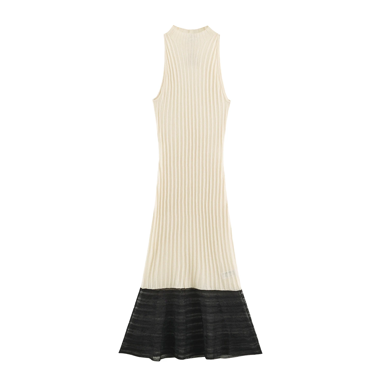 BSAY 2026 Elegantes, kontrastfarben gespleißtes Strick-Midikleid mit Stehkragen, ärmellos, gerippt, schmal geschnitten, Meerjungfrauen-Saum, Party- und Urlaubskleid, langes Kleid – Detail 2