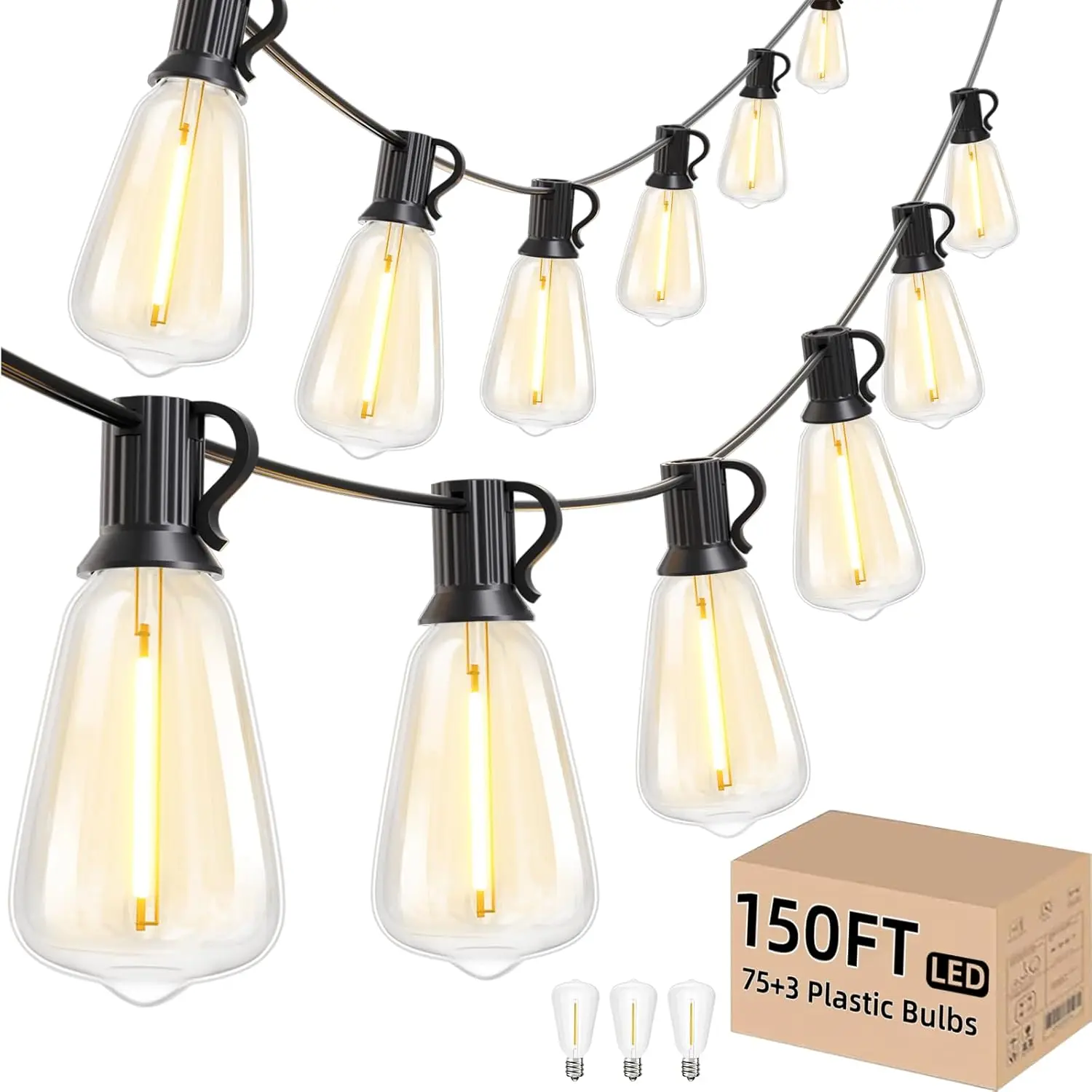 

150FT Outdoor String Lights with 78 Dimmable Edison Bulbs, Shatterproof & Weatherproof, Warm White 2700K for Patio Garden Bistro