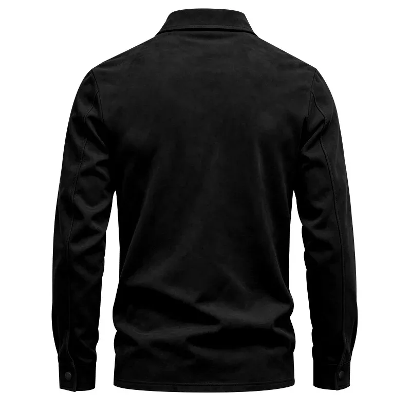 Herren-Freizeitjacke aus Kunstwildleder mit Kragen, langen Ärmeln, Knopfleiste vorne und Brusttaschen, geeignet für Frühling und Herbst. – Detail 36