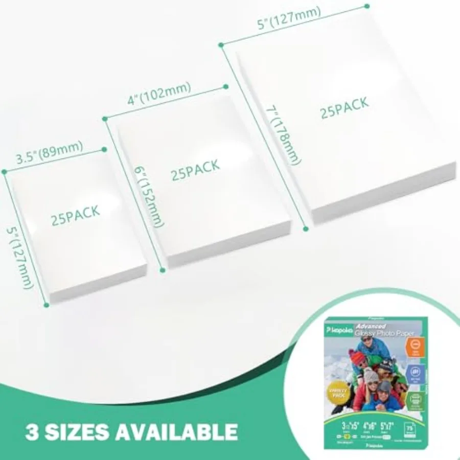 Glossy Photo Paper 3.5x5, 4x6, 5x7, Photo Printer Paper for Inkjet, Variety Pack, Assorted Sizes, 52lb/200gsm