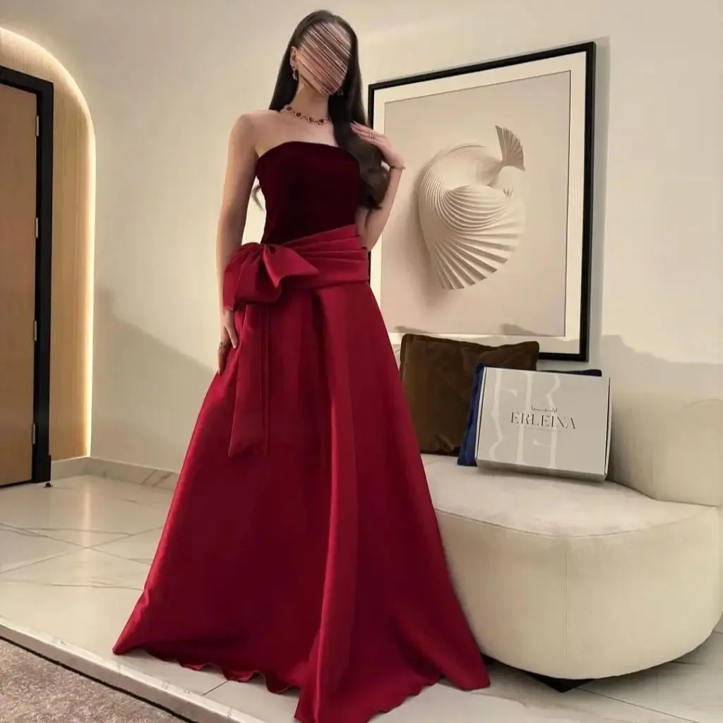 

Красное бархатное платье трапециевидной формы для выпускного вечера Вечернее платье с бантом в Дубае для женщин без бретелек Дубайское арабское вечернее платье для свадебной вечеринки по индивидуальному заказу