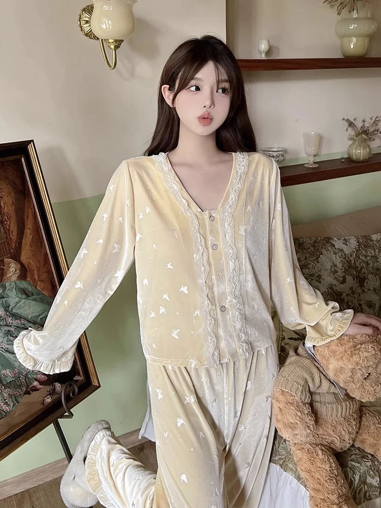 Conjunto de Ropa de Casa Victoria Gold Velvet para Mujer, Otoño Invierno, Forrado de Felpa, Suave, Manga Larga, Cuello en V, Cómodo