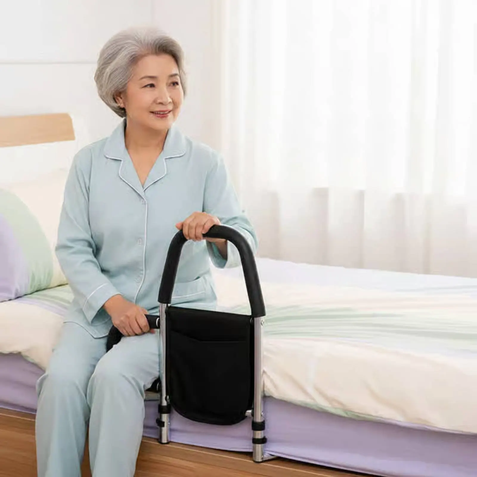 

Elderly Bed Safety Rail Stainless Steel Construction Bedside Assist Handle Stand Assist Bed Rail Easy Installation for Home Care