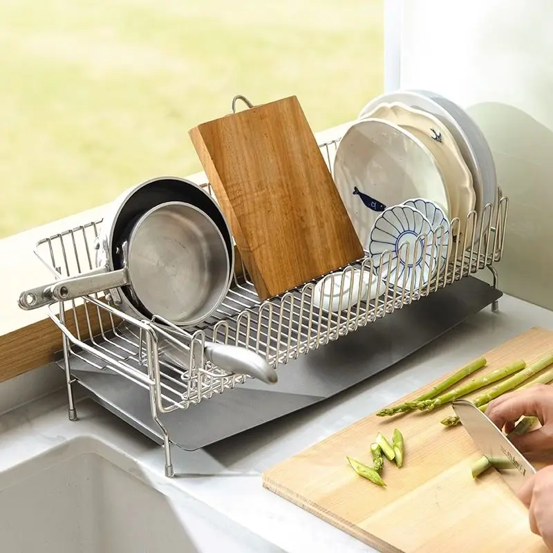 

Stainless Steel Kitchen Storage Rack Countertop Chopsticks Tube Bowl Plate Cutter Cutting Board Drainage Storage Organizer Shelf