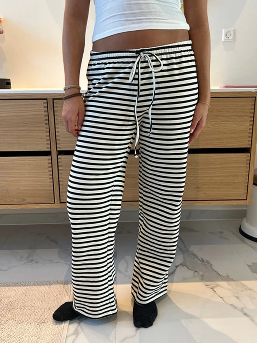 Women Loose Pants Stripe Drawstring Elastic Waist Trousers Spring Summer Casual Sweatpants Bottoms