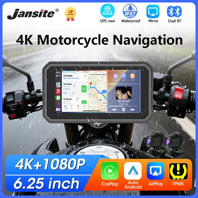 6.25 inch Motorcycle Carplay DVR GPS Navigation IPX7 Waterproof Dual BT Moto Monitor Dash Cam Support 4K+1080P Dual Lens TPMS