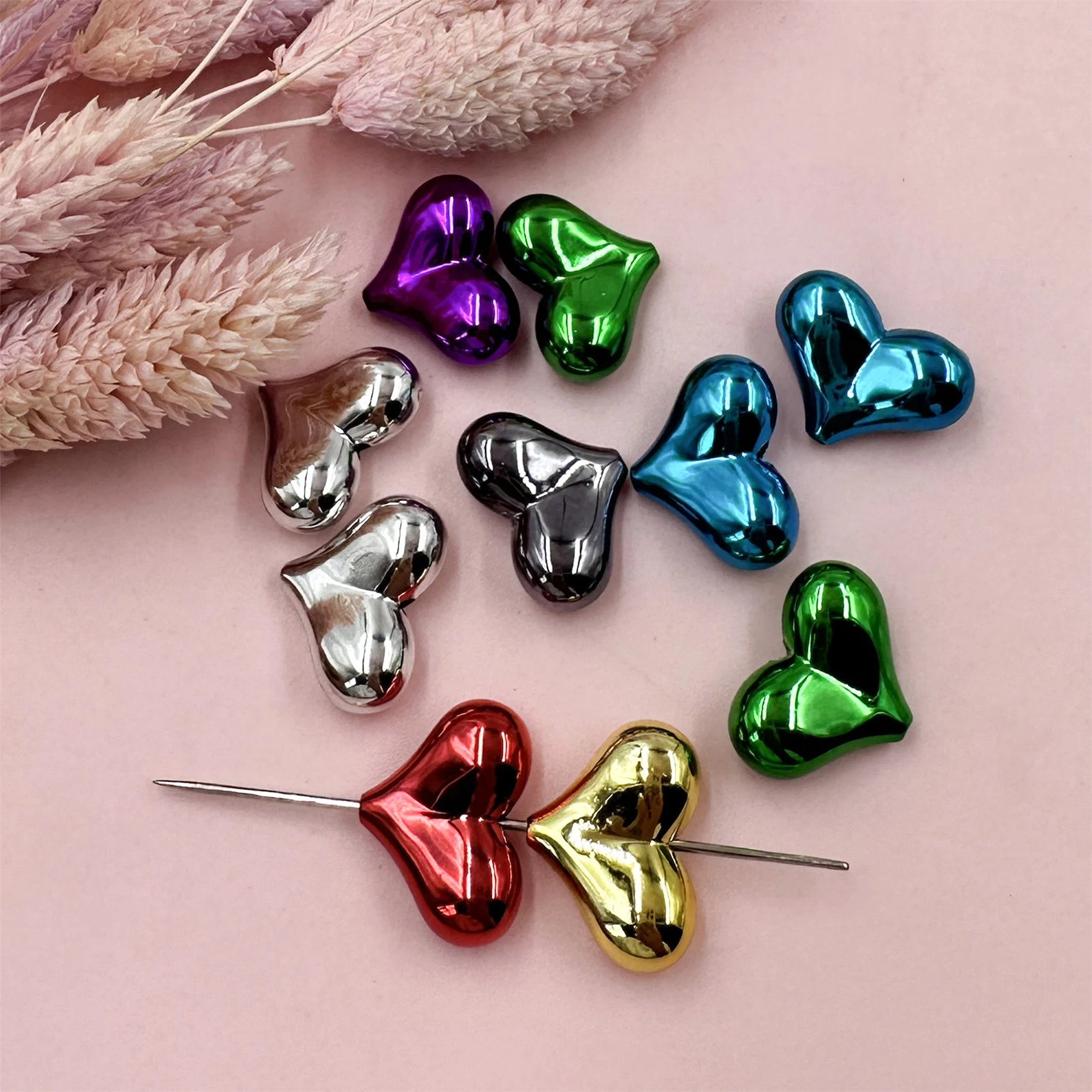 10Pcs/lot  22*16mm Acrylic Colourful Metallic Luster Big 3D Love Heart Shape Spacer Beads For Jewelry Making DIY Accessories