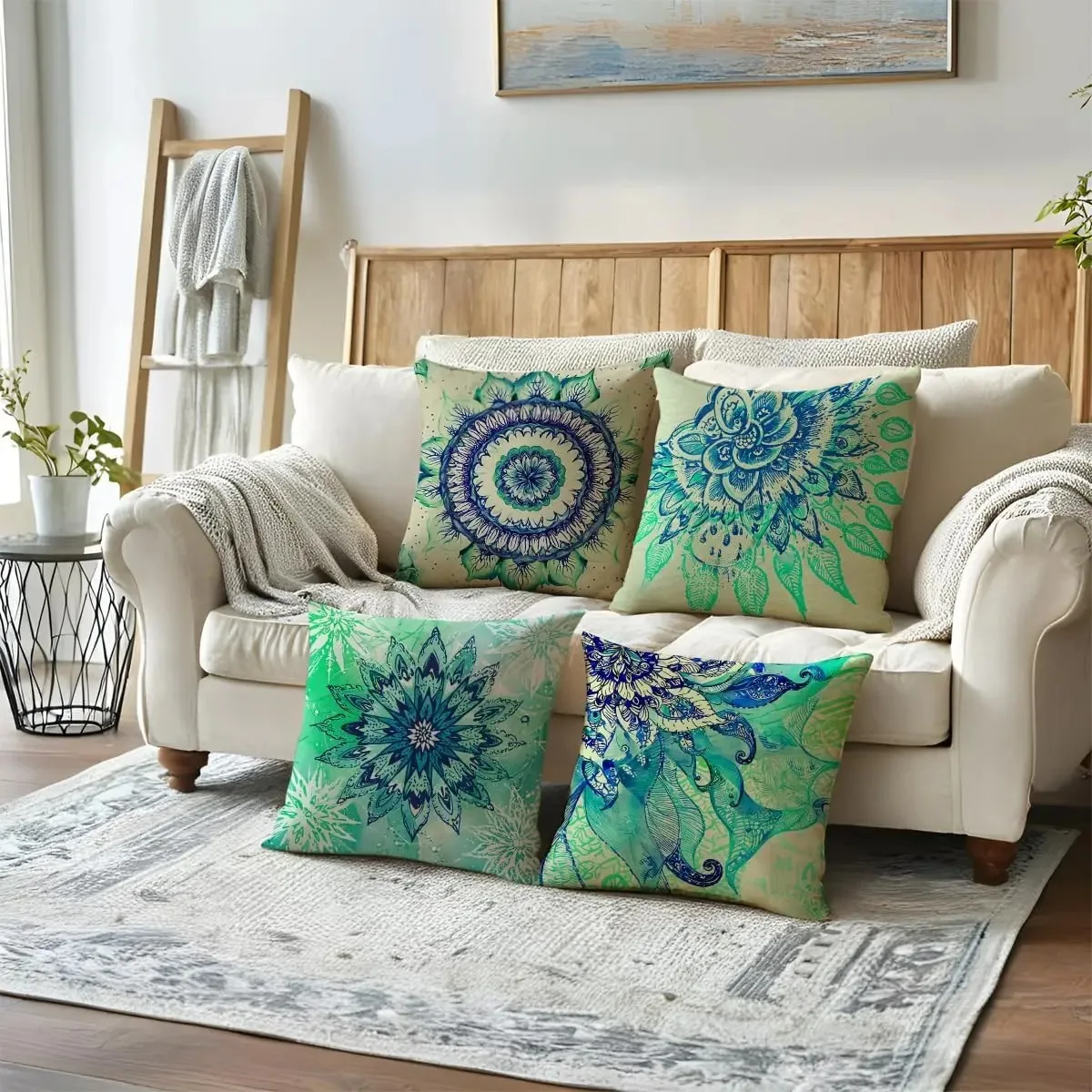 4Pack Bohemian Decorative Throw Pillow Covers Water Color Mandala Pattern Pillowcases Square Home Decorative Floral Cushion
