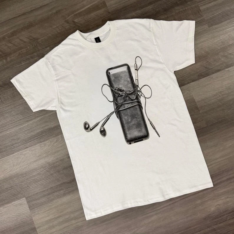 Mobile Phone and Music Aesthetic Pattern T-shirt Cassette Recorder and Headphone Pattern T-shirt Retro Vibe T-shirt 2000s