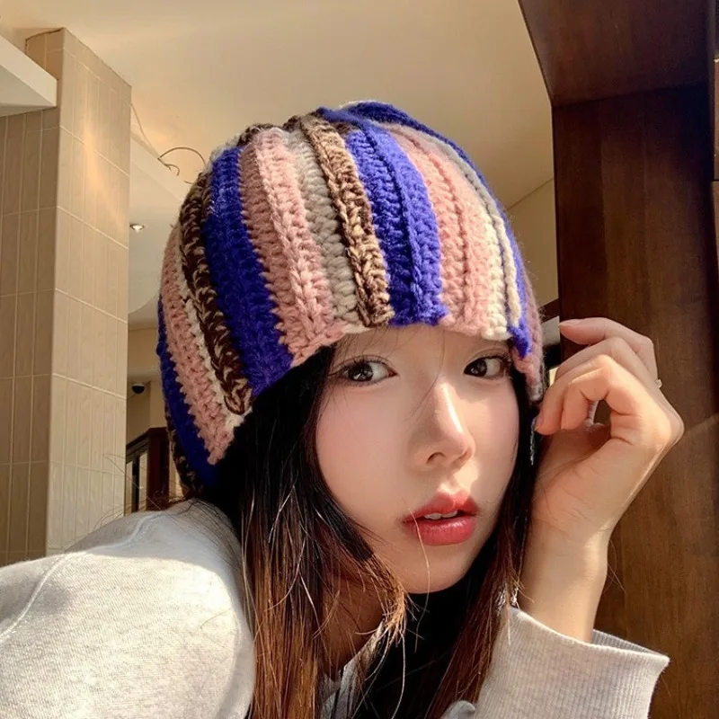 الكورية اللون عمودي مخطط سدادات حماية الأذن الدافئة الرجعية محبوك قبعة الرجال والنساء الشتاء كبير رئيس التزلج الجمجمة قبعة قبعات #2