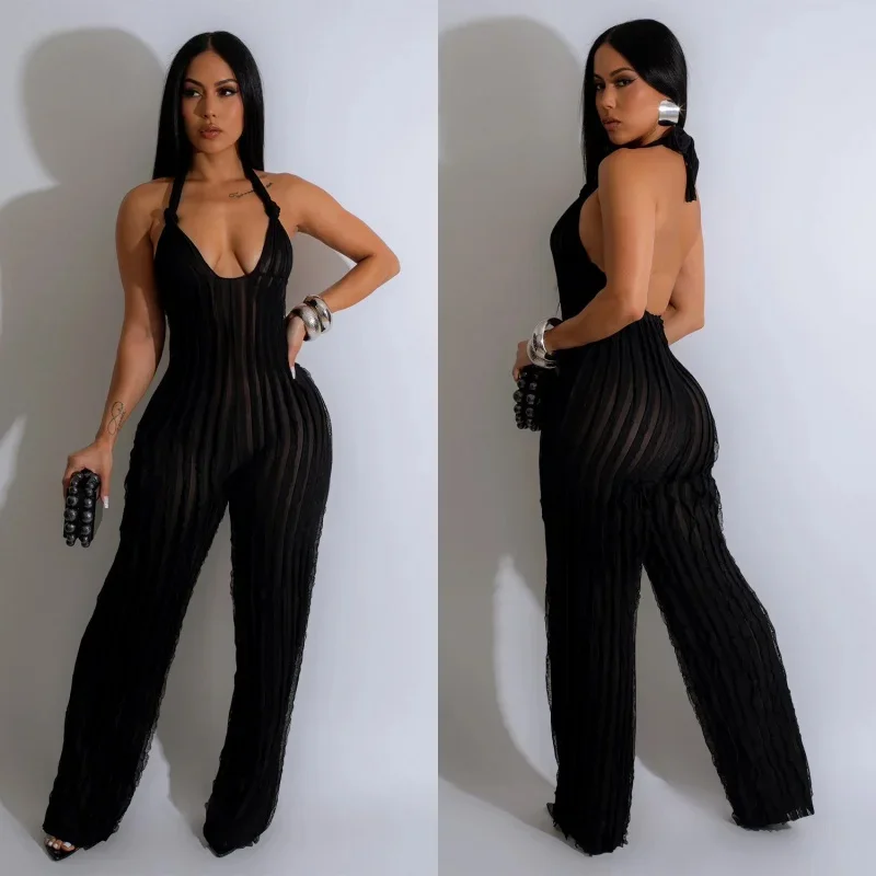 

Fashion Sexy Women's Halter Deep V-neck Jumpsuit Solid Color Sleeveless Backless Pleated Romper Wide Leg One Piece Pants