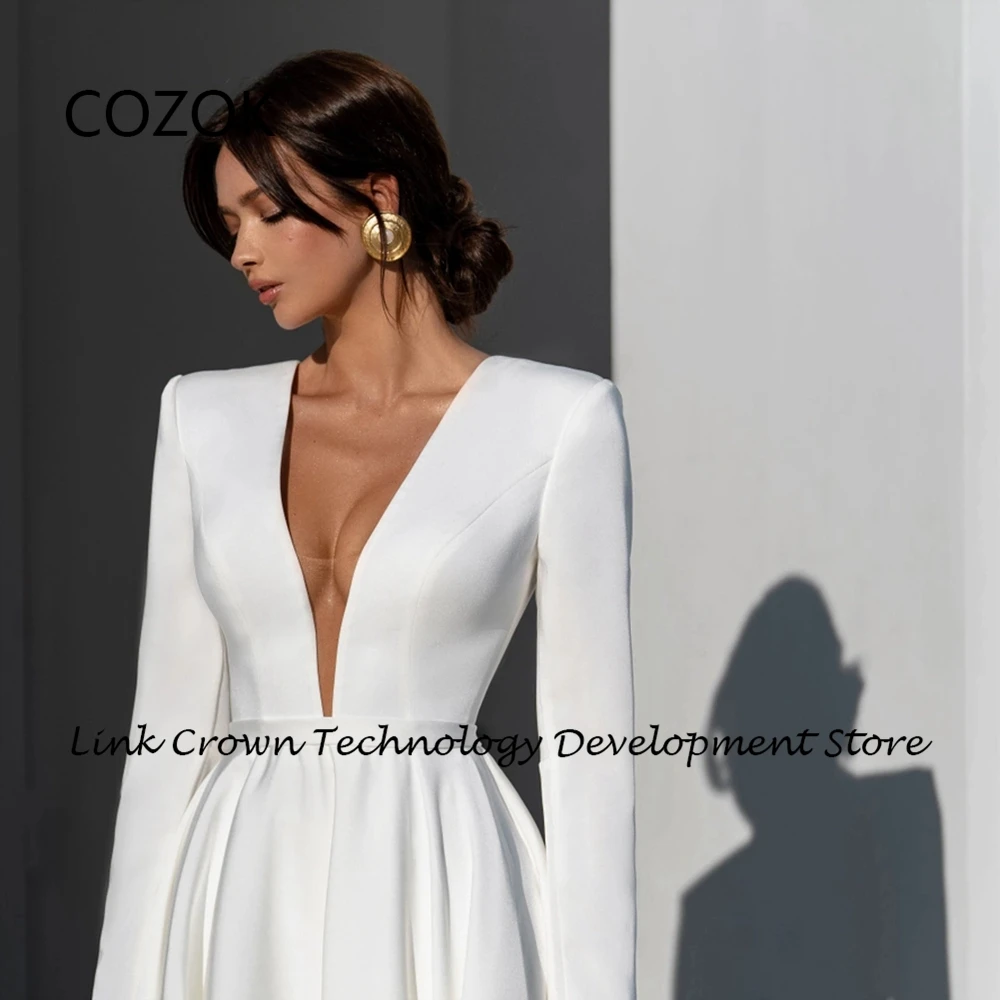 COZOK V Neck Satin Wedding Dresses for Women 2024 Full Sleeve Bridal Gowns Summer Floor Length Button Back Vestido Novia New