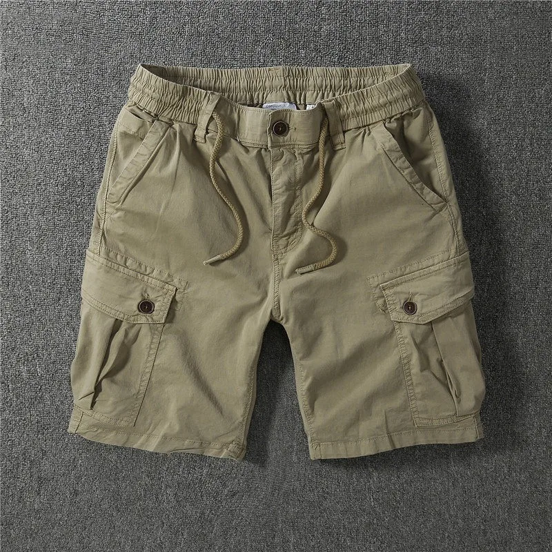 

American Retro Workwear Short Pants Men's Summer Thin Five-Point Loose Belted Trousers Multi-Pocket Casual Polyester Fiber