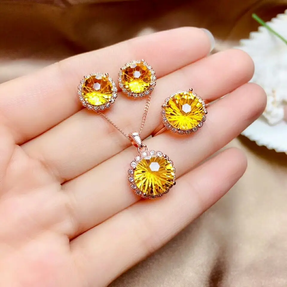 MeiBaPJ Fireworks Natural Citrine Jewelry Set 925 Silver Necklace Earrings Ring Three-piece Suite Wedding Jewelry for Women